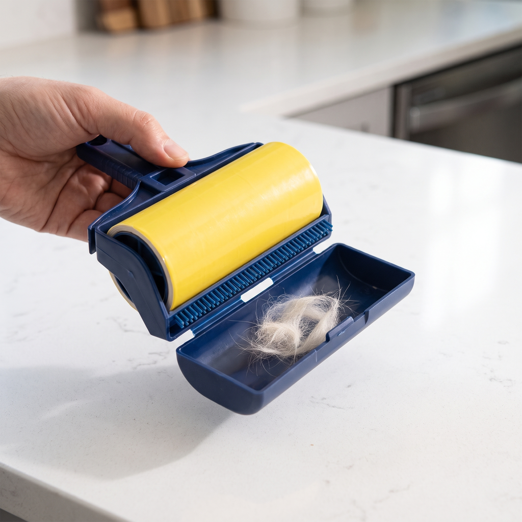 Base tray opened showing collected pet hair, ready to empty