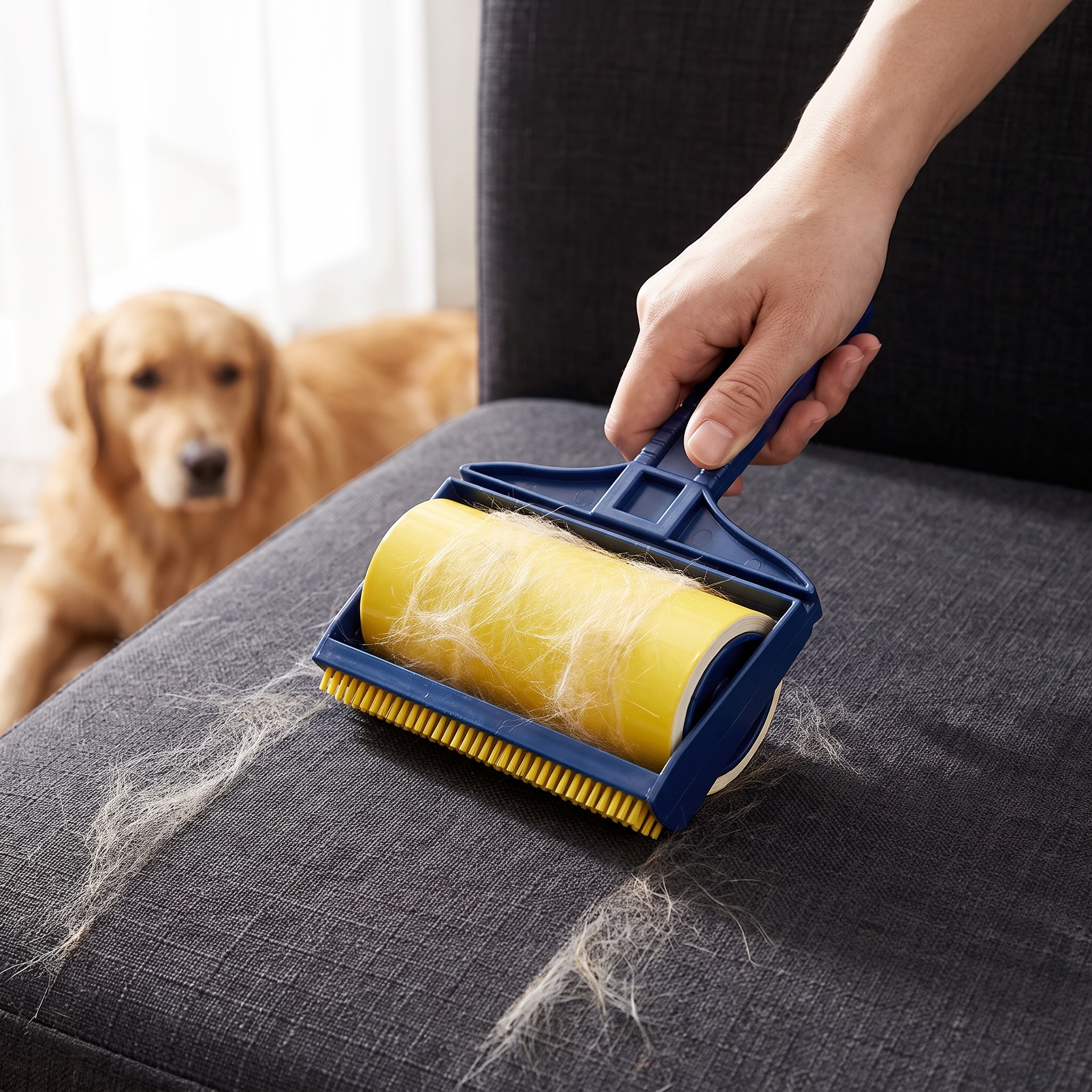 Hand rolling the pet hair remover across a dark sofa cushion