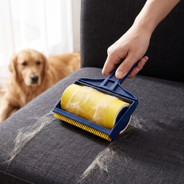 Hand rolling the pet hair remover across a dark sofa cushion