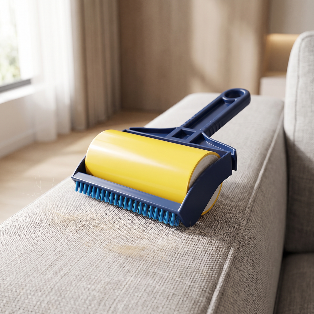 Reusable pet hair roller resting on a light grey fabric sofa