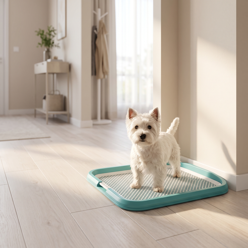 Small dog standing on the potty tray in an apartment hallway