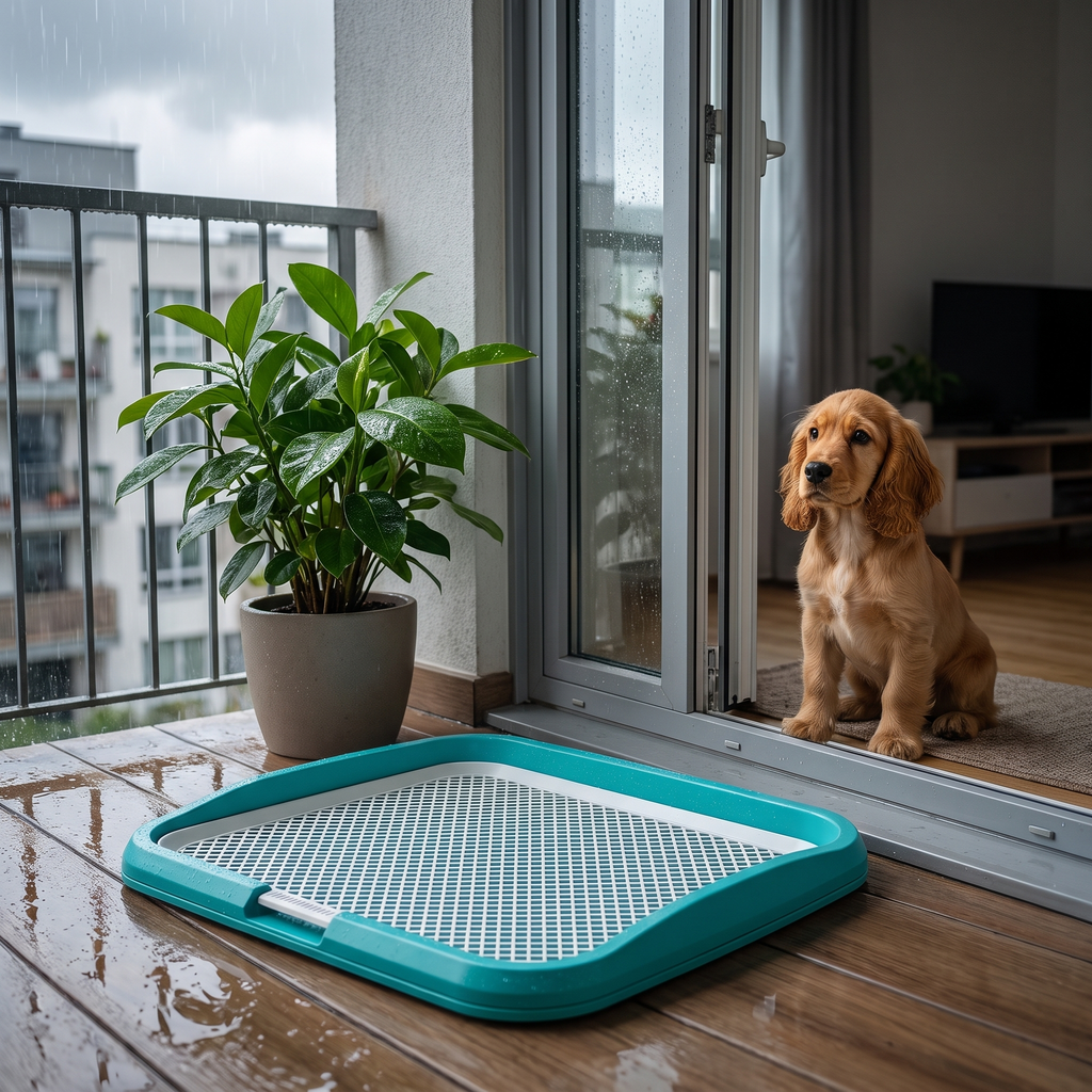 Potty tray on an apartment balcony on a rainy afternoon