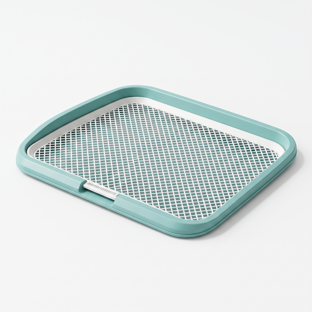 Indoor dog potty tray in fresh teal with removable slotted grid