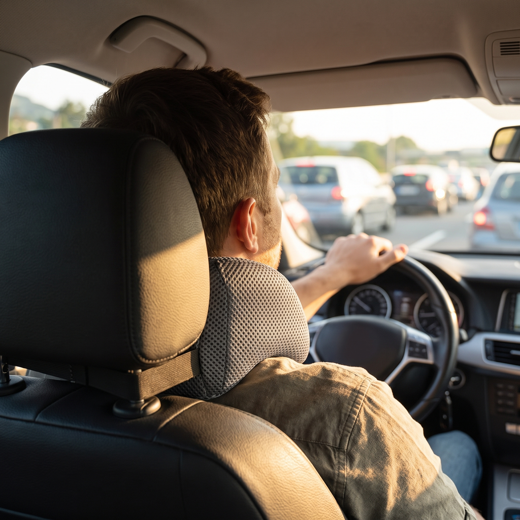 Driver resting his head against the neck rest in traffic
