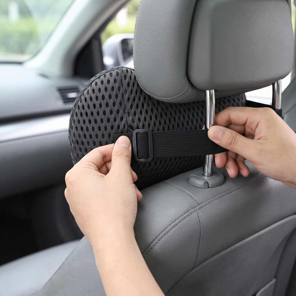 Adjustable strap fastening around the headrest posts