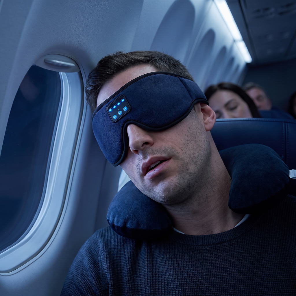 Passenger asleep in an aircraft window seat wearing the mask