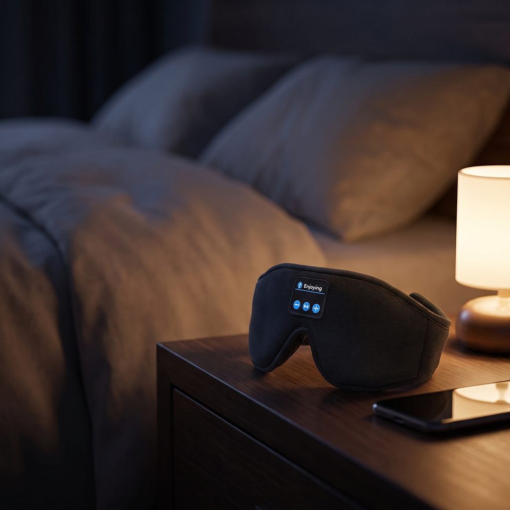 Sleep mask on a bedside table at night