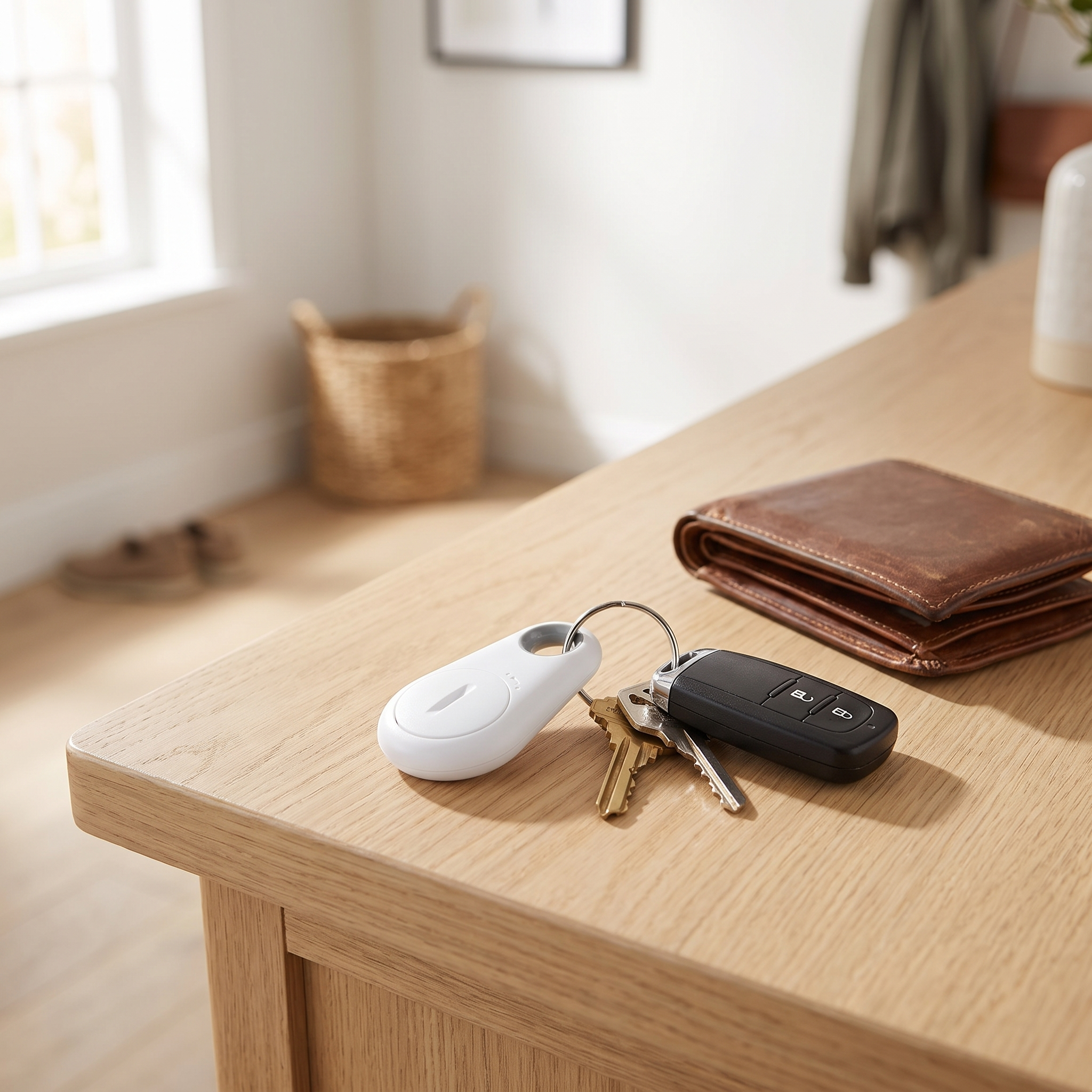 Key finder tag attached to house keys on a hallway table