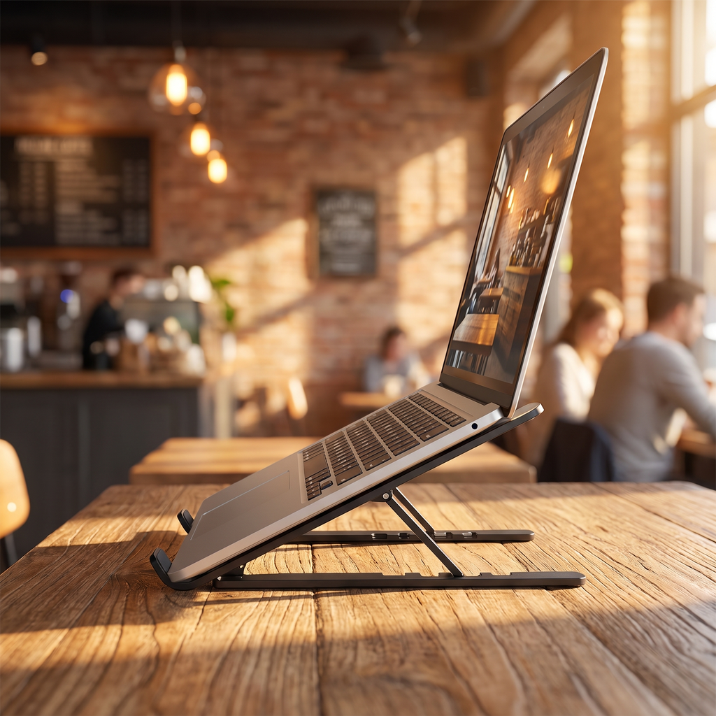 Side view showing the open frame and airflow under the laptop