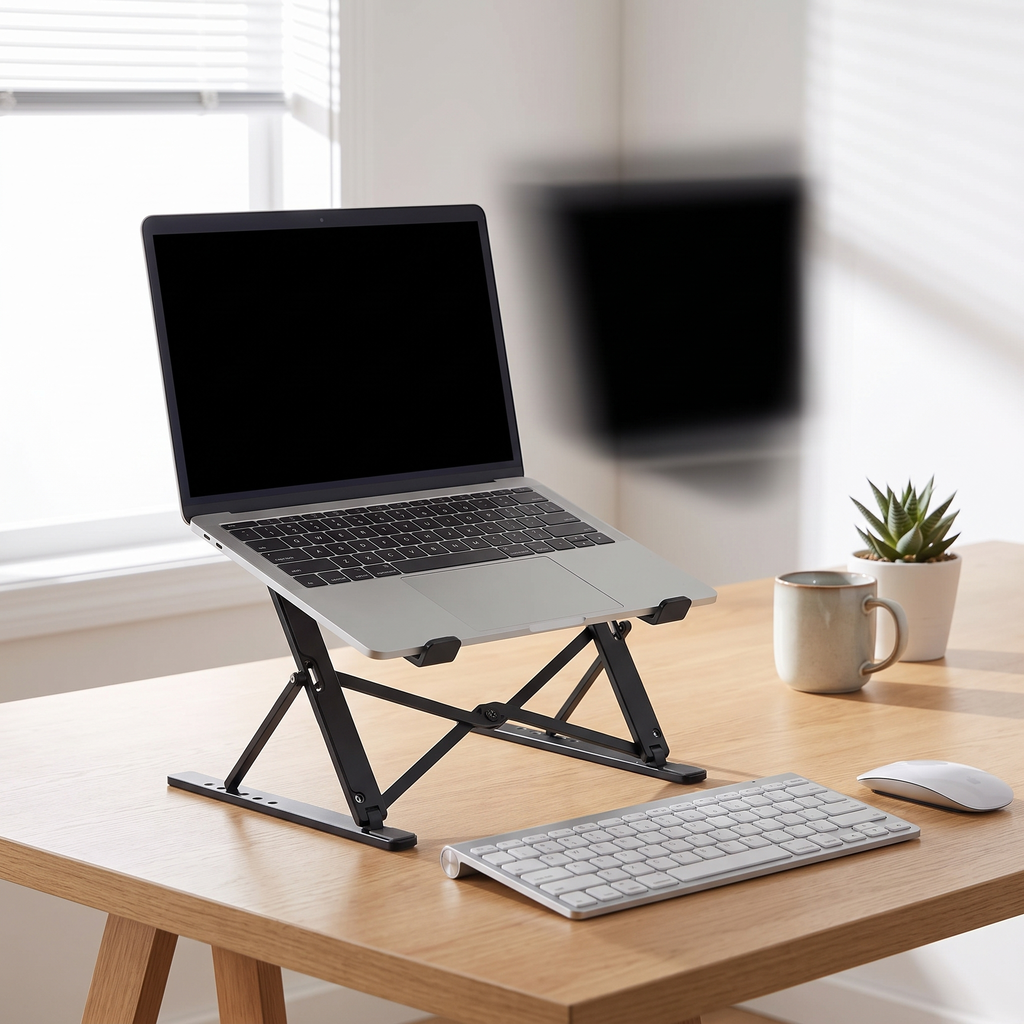 Laptop stand raising a laptop to eye height on a home office desk