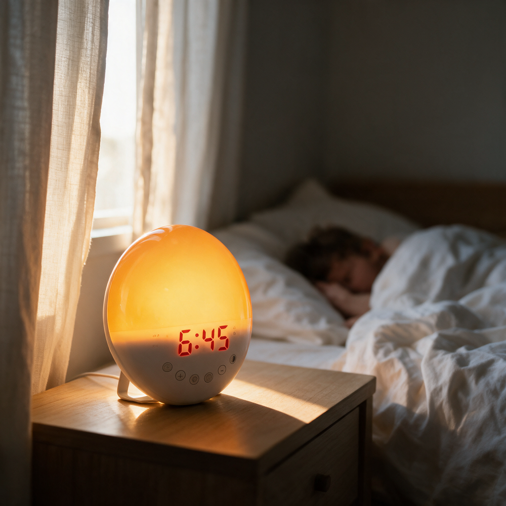 Sunrise alarm clock on a bedside table in early morning light, bed behind
