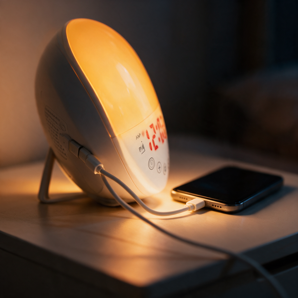 Sunrise alarm clock with a phone charging from its USB port