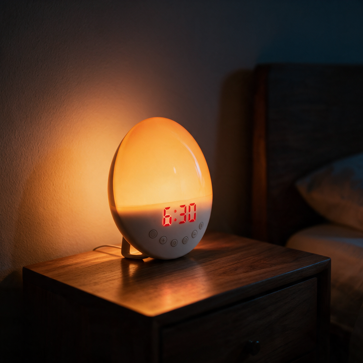 Sunrise alarm clock glowing amber on a dark bedside table before dawn