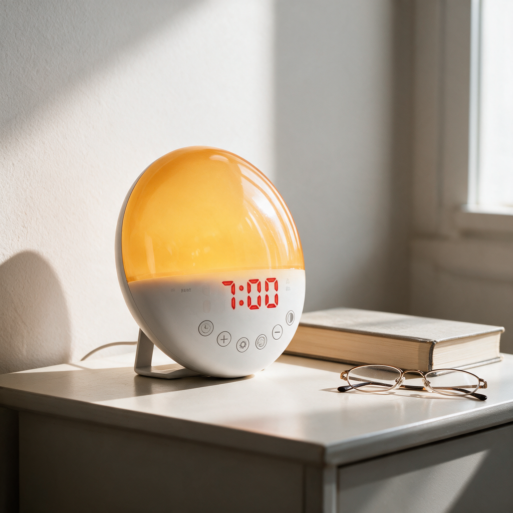 Sunrise alarm clock beside a book and reading glasses, showing its size