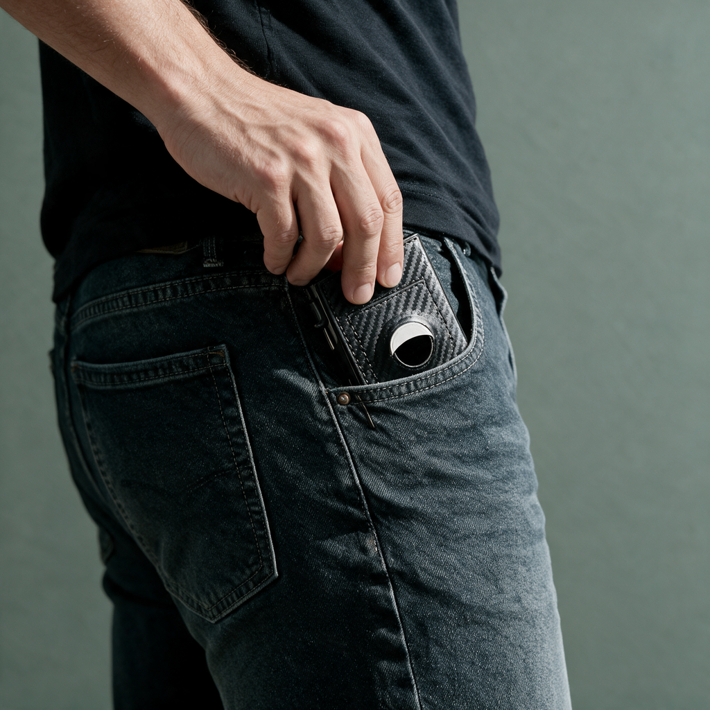 The slim wallet sliding into a front jeans pocket, no bulge