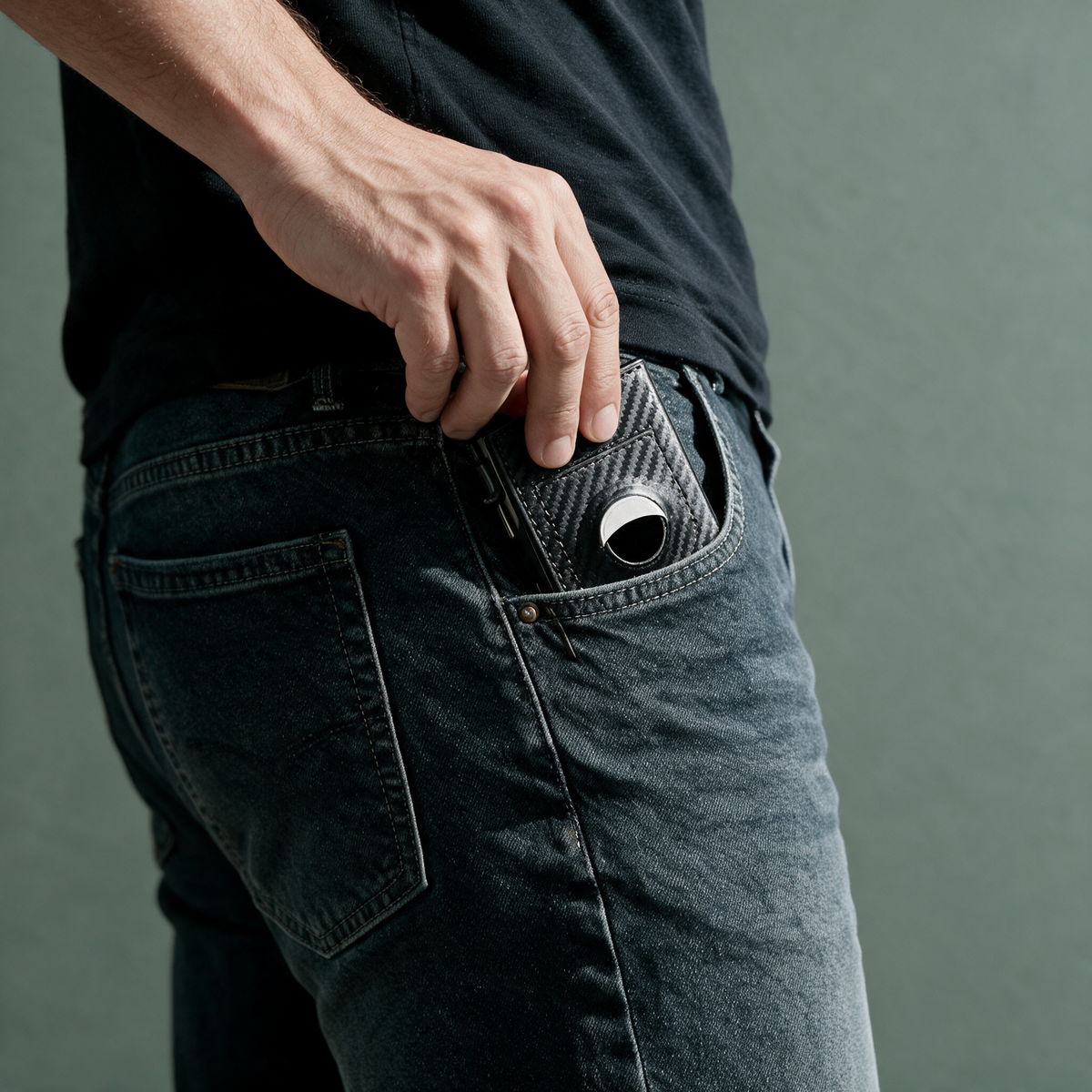The slim wallet sliding into a front jeans pocket, no bulge