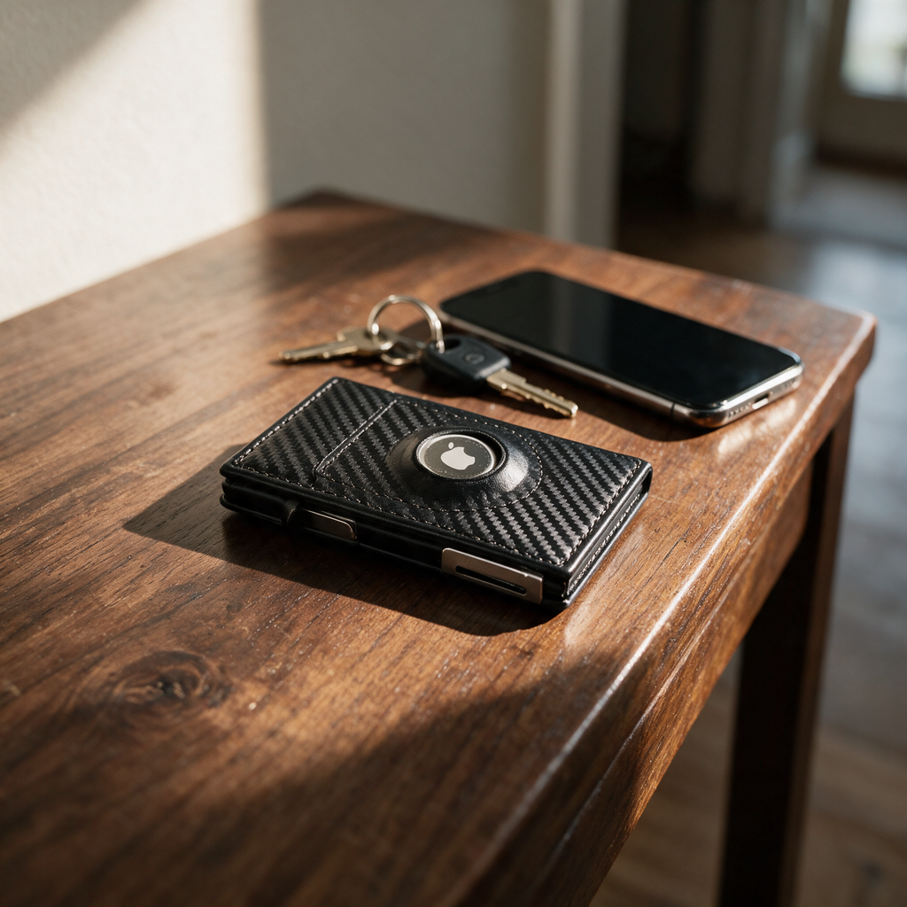 The wallet on a hallway table beside keys and a phone