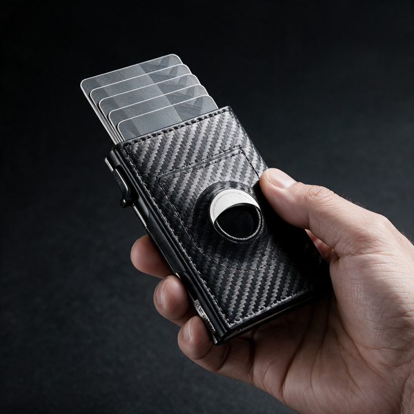 Thumb pushing the lever so cards fan out of the carbon fibre slim wallet