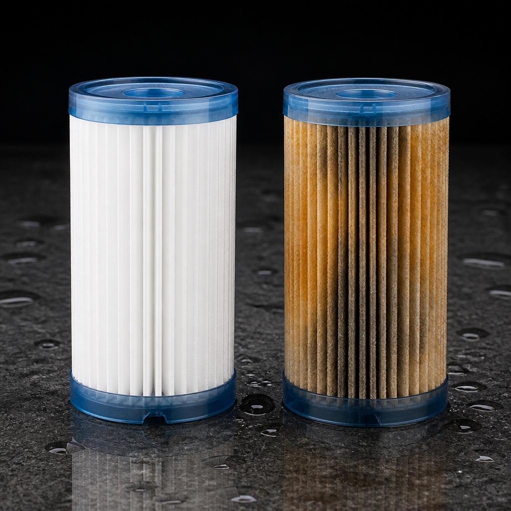 A new white filter cartridge beside a used one, stained rust-orange. How fast yours discolours depends on your plumbing.