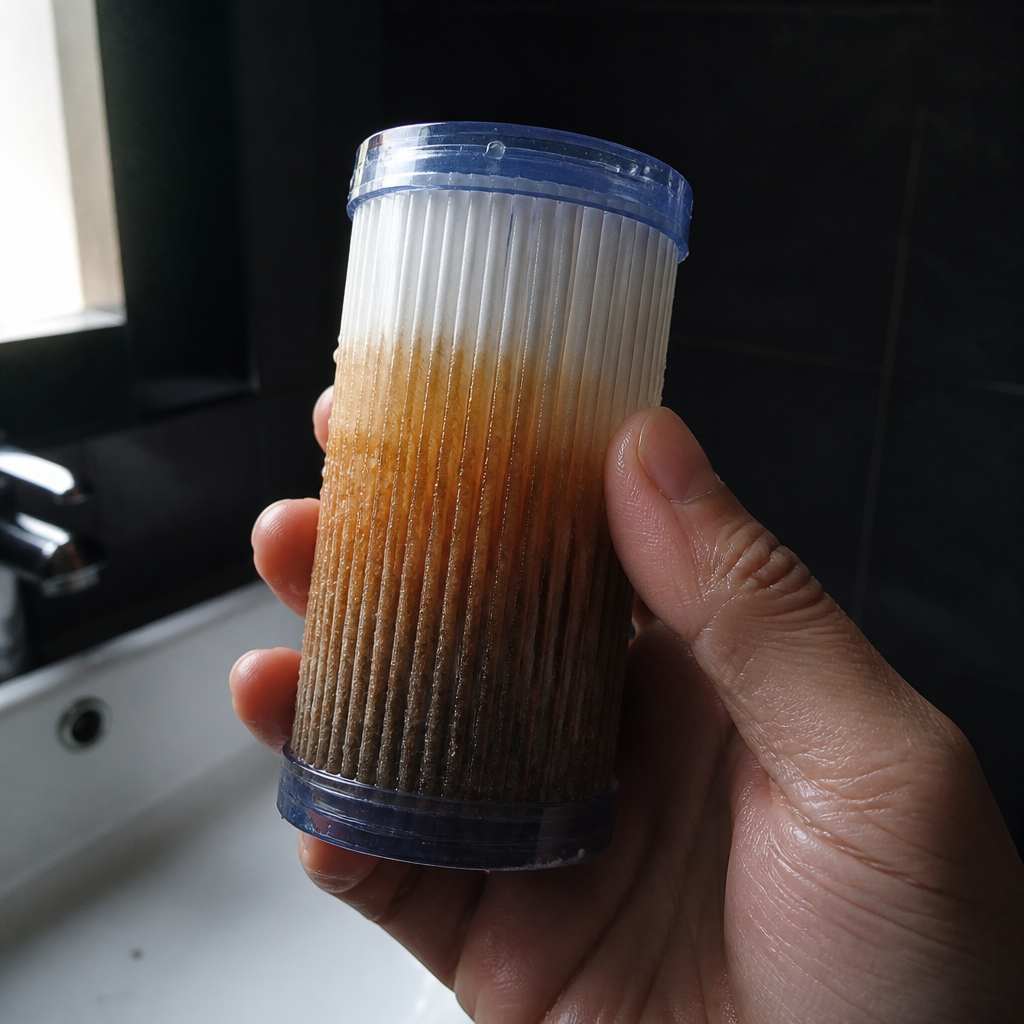 A used shower filter cartridge held up to the light, stained rust-orange by what it caught