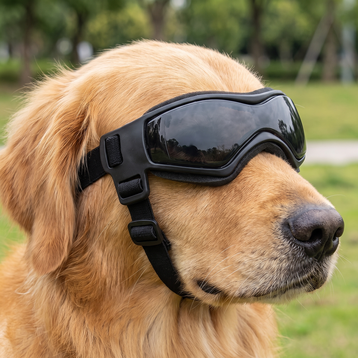 Close-up of dog goggles showing the padded frame, head strap and chin strap