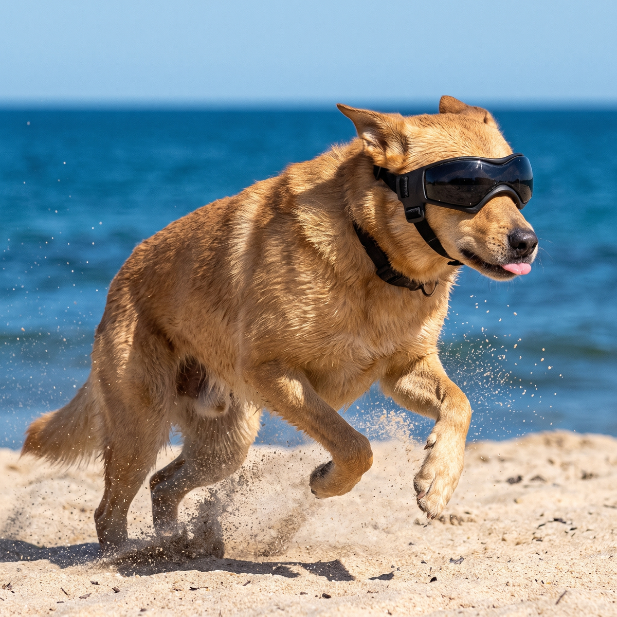 Kelpie running on an Australian beach wearing UV dog goggles