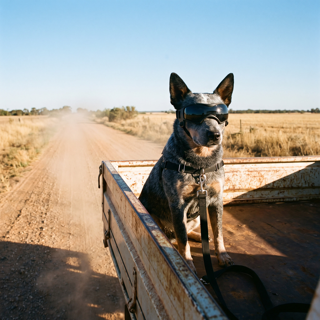 Blue heeler clipped into a harness in the tray of a ute, wearing dog goggles