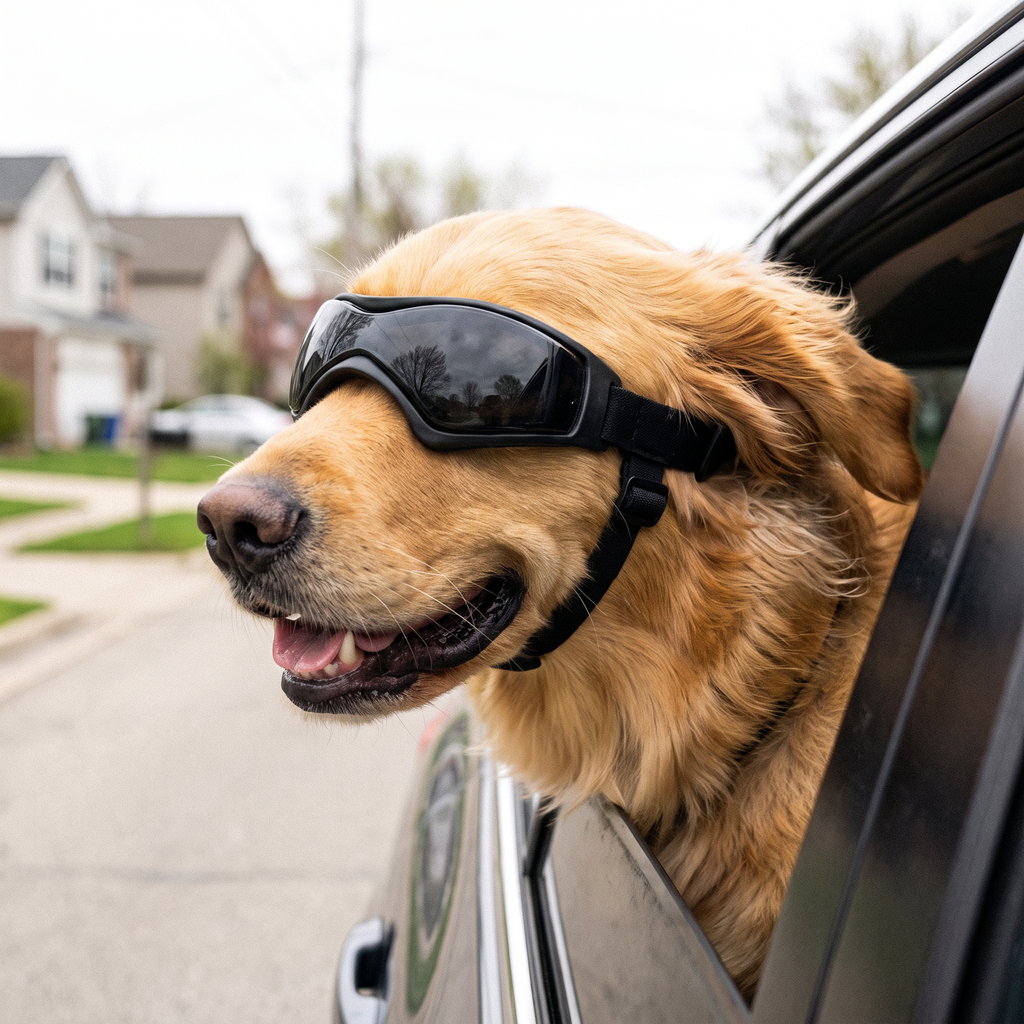 Golden retriever with his head out of a car window wearing black dog goggles
