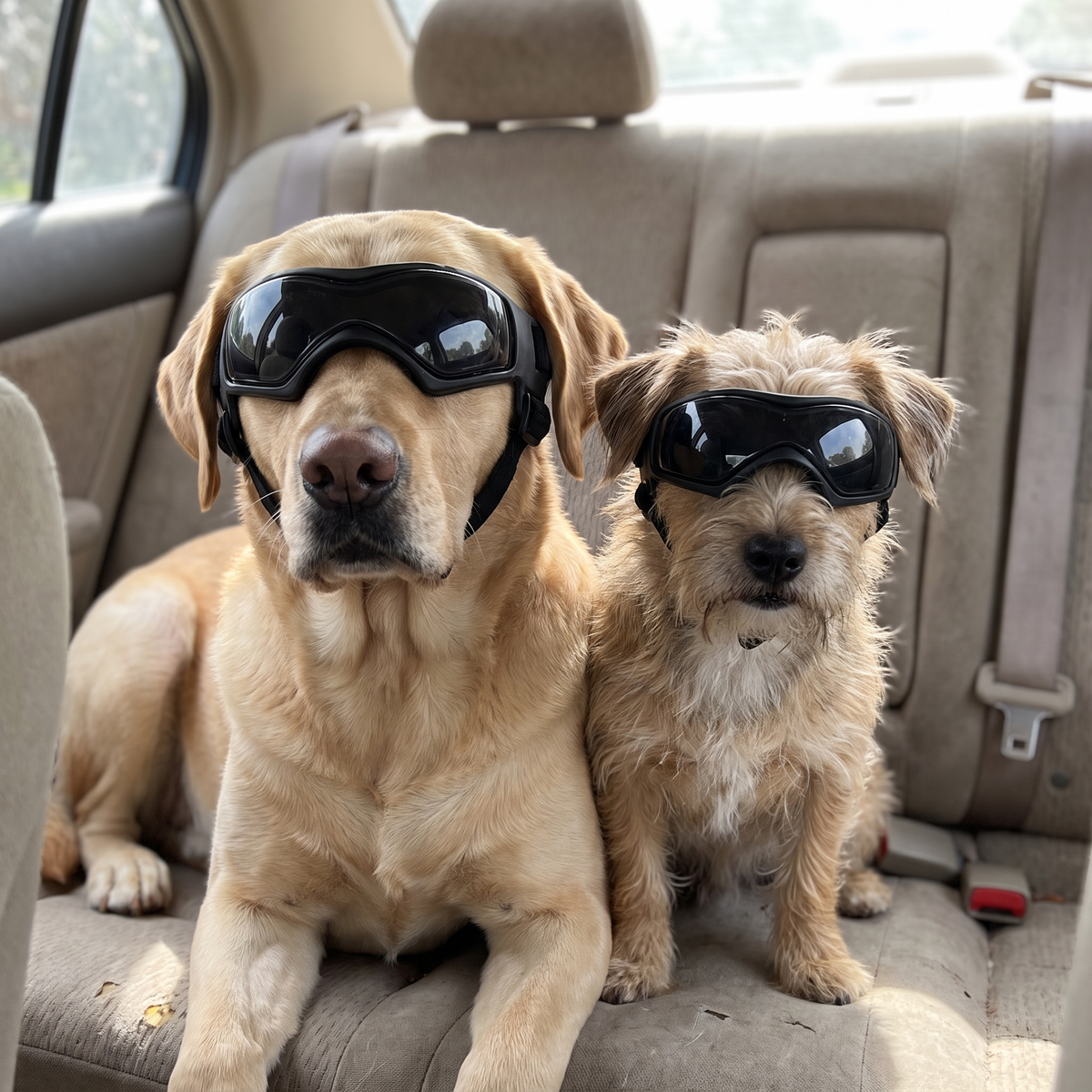 Two dogs on a car back seat, both wearing black dog goggles