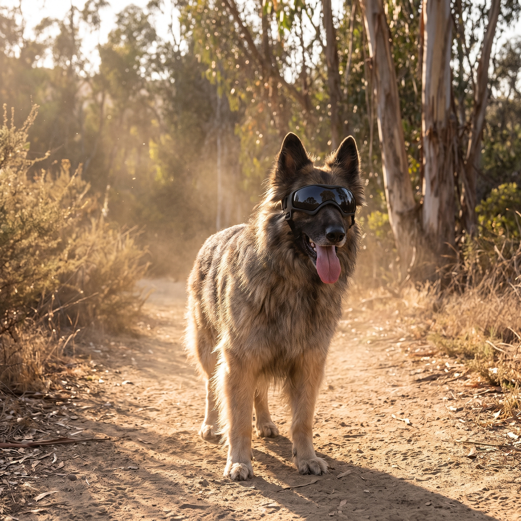 Shepherd dog on a dusty bush trail wearing dog goggles