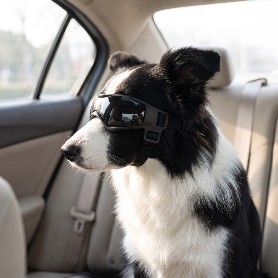Border collie in profile on a car seat wearing dog goggles, both straps visible