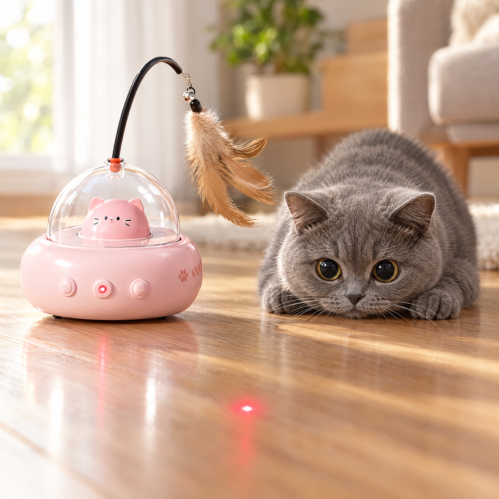 Grey cat crouched flat on a wooden floor, locked onto the red laser dot from the pink automatic cat toy