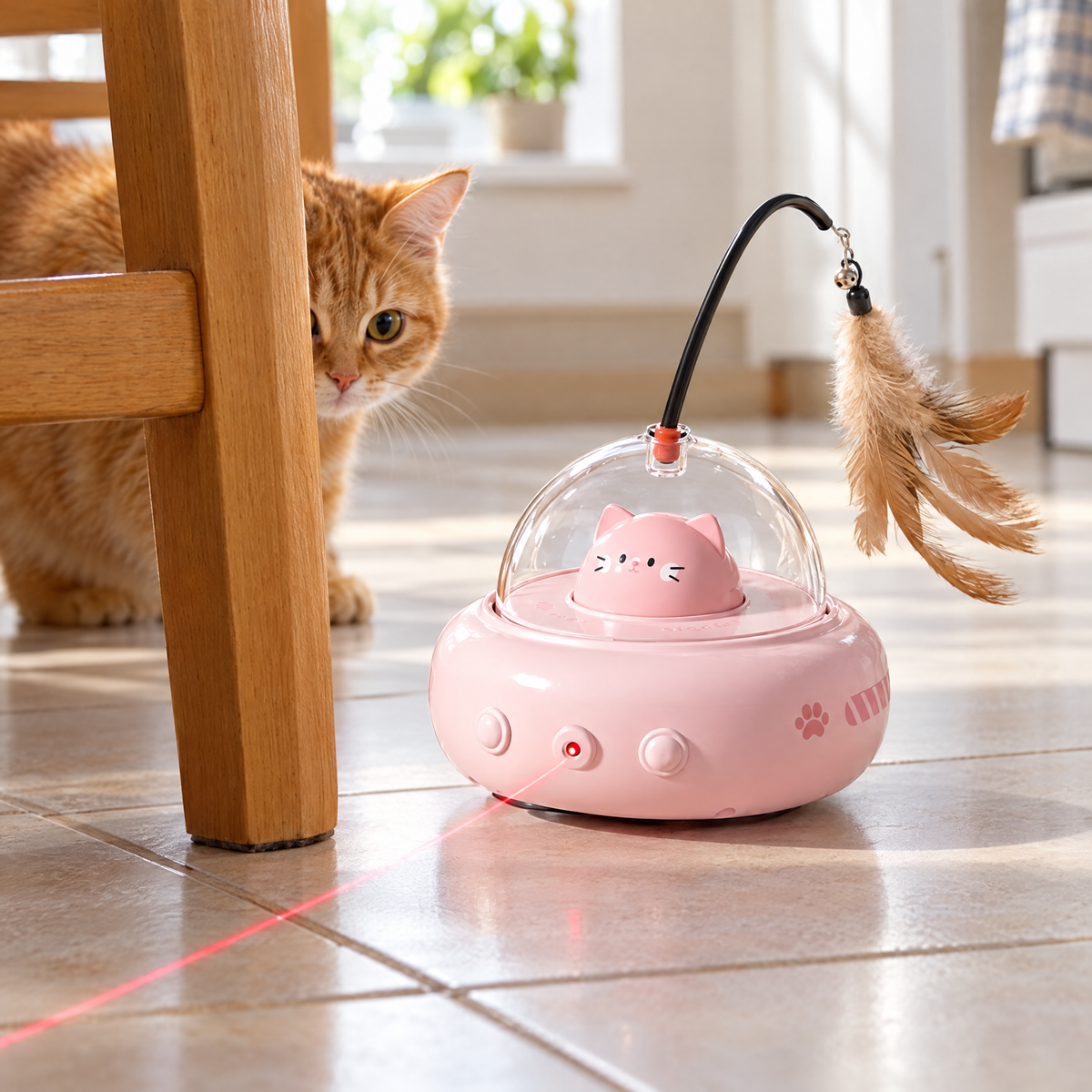 Pink cat toy turning away from a kitchen chair leg, laser dot on the tiles, ginger cat peeking round the chair