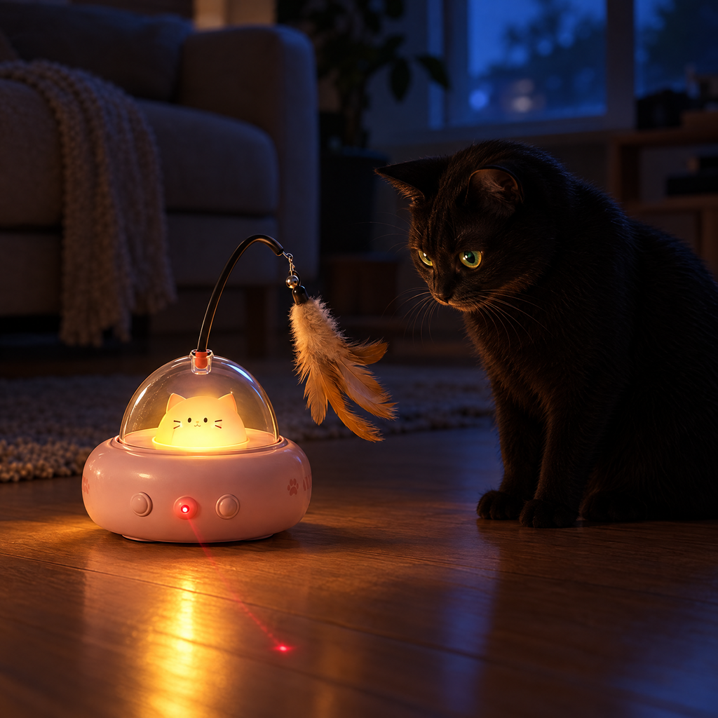 At night the cat figure inside the dome glows softly while a black cat sits and watches