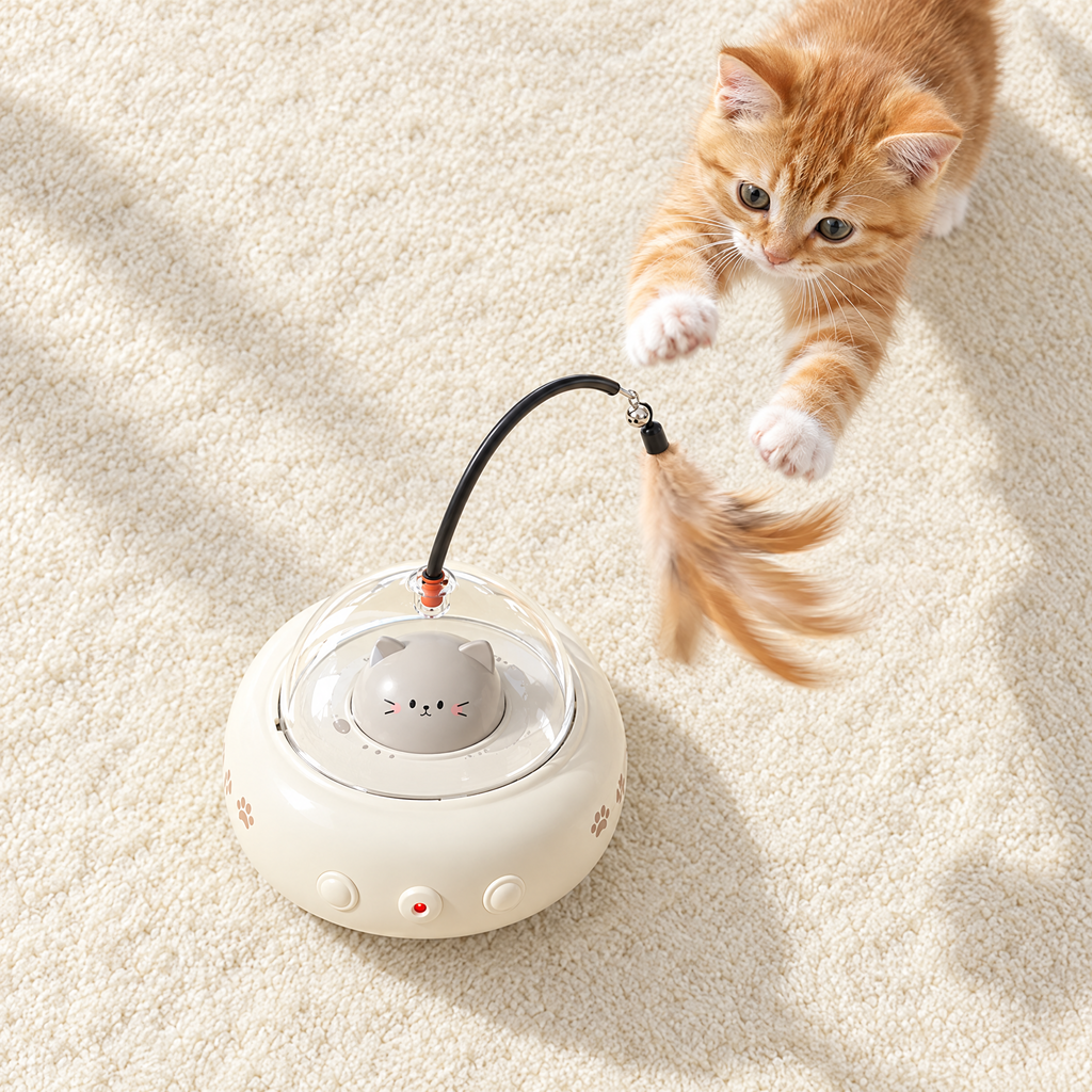 Overhead view of an orange kitten mid-pounce at the feather on the milk brown cat toy