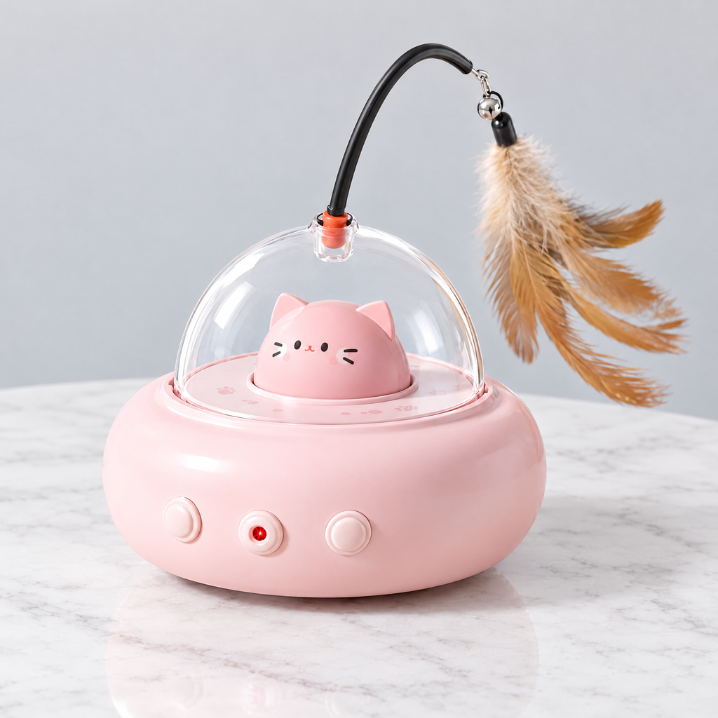 Pink automatic cat toy on a white tabletop: clear dome with a small cat figure inside, feather wand, laser emitter and buttons on the front