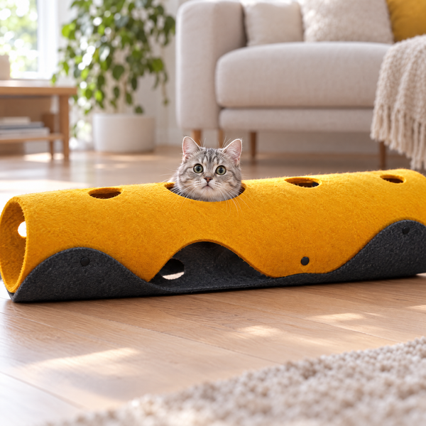 Yellow & Grey: grey tabby cat with its head up through a peek hole in the yellow felt cat tunnel
