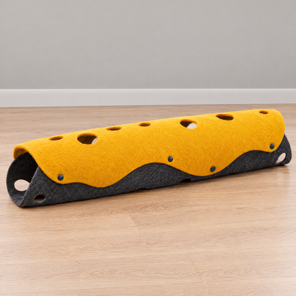 Yellow & Grey: yellow felt cat tunnel with peek holes on a charcoal grey wavy base, snap buttons visible
