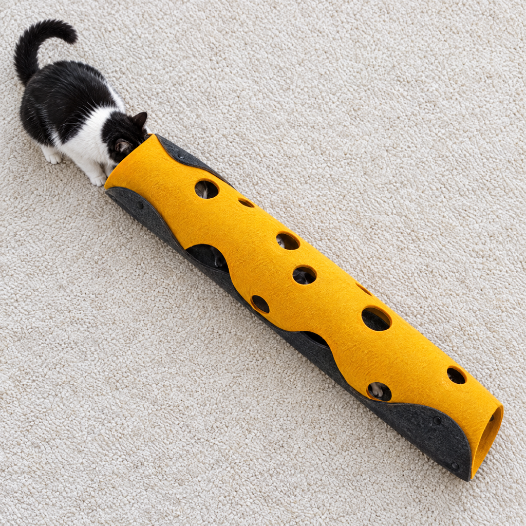Yellow & Grey: overhead view of the felt cat tunnel on a rug with a cat about to enter