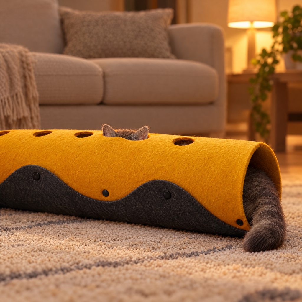 Yellow & Grey: grey cat asleep inside the felt tunnel in evening lamp light, ears visible through a hole