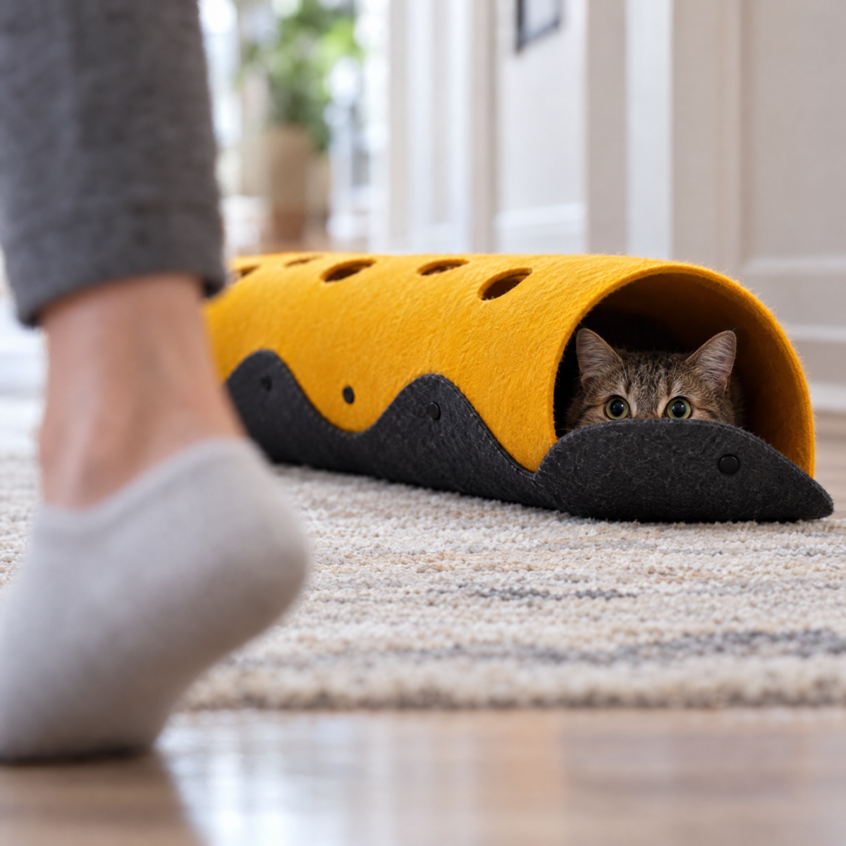 Yellow & Grey: cat's eyes watching from inside the tunnel as an ankle walks past