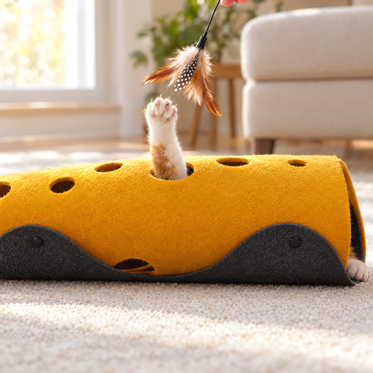 Yellow & Grey: cat paw reaching up through a hole in the felt tunnel toward a feather toy