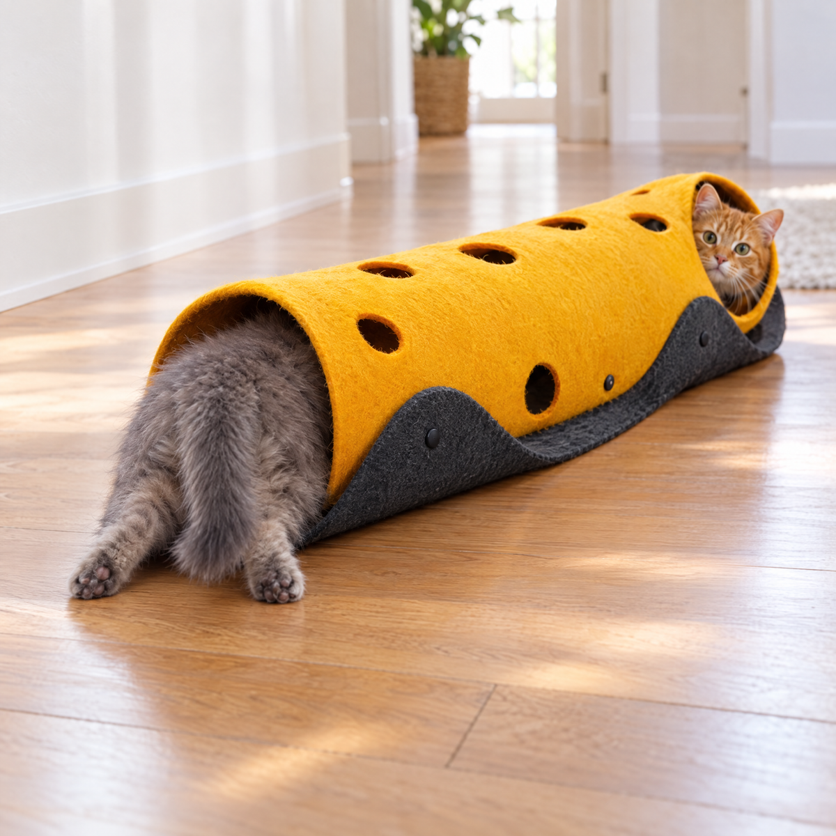 Yellow & Grey: kitten climbing into one end of the yellow felt tunnel while another cat looks out the far end