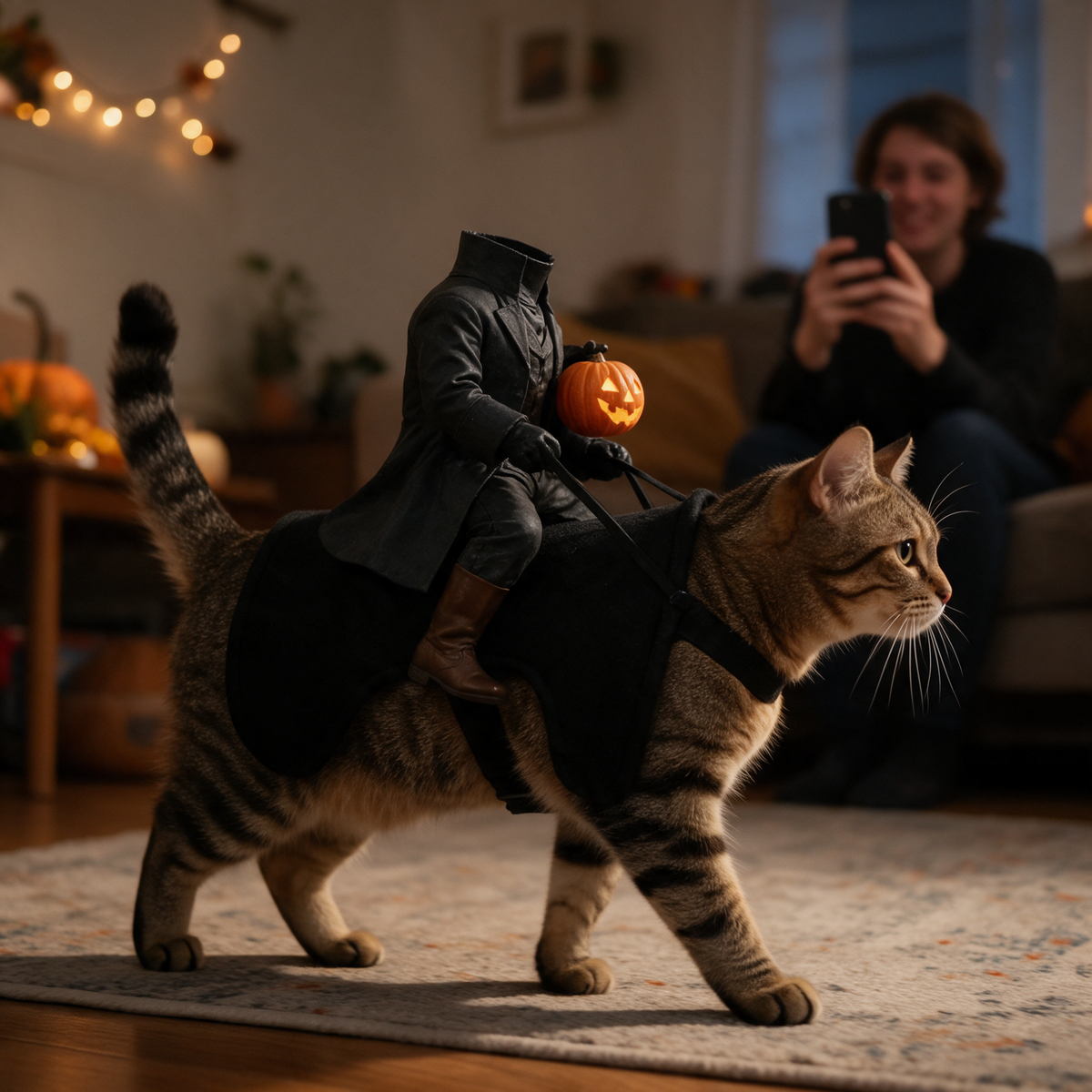 Tabby cat walking across a Halloween living room in the Headless Horseman costume