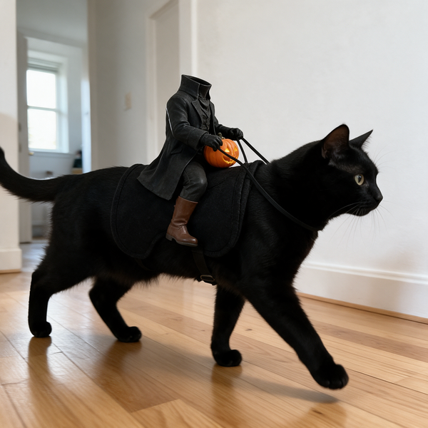 Black cat walking down a hallway in the Headless Horseman costume, side view