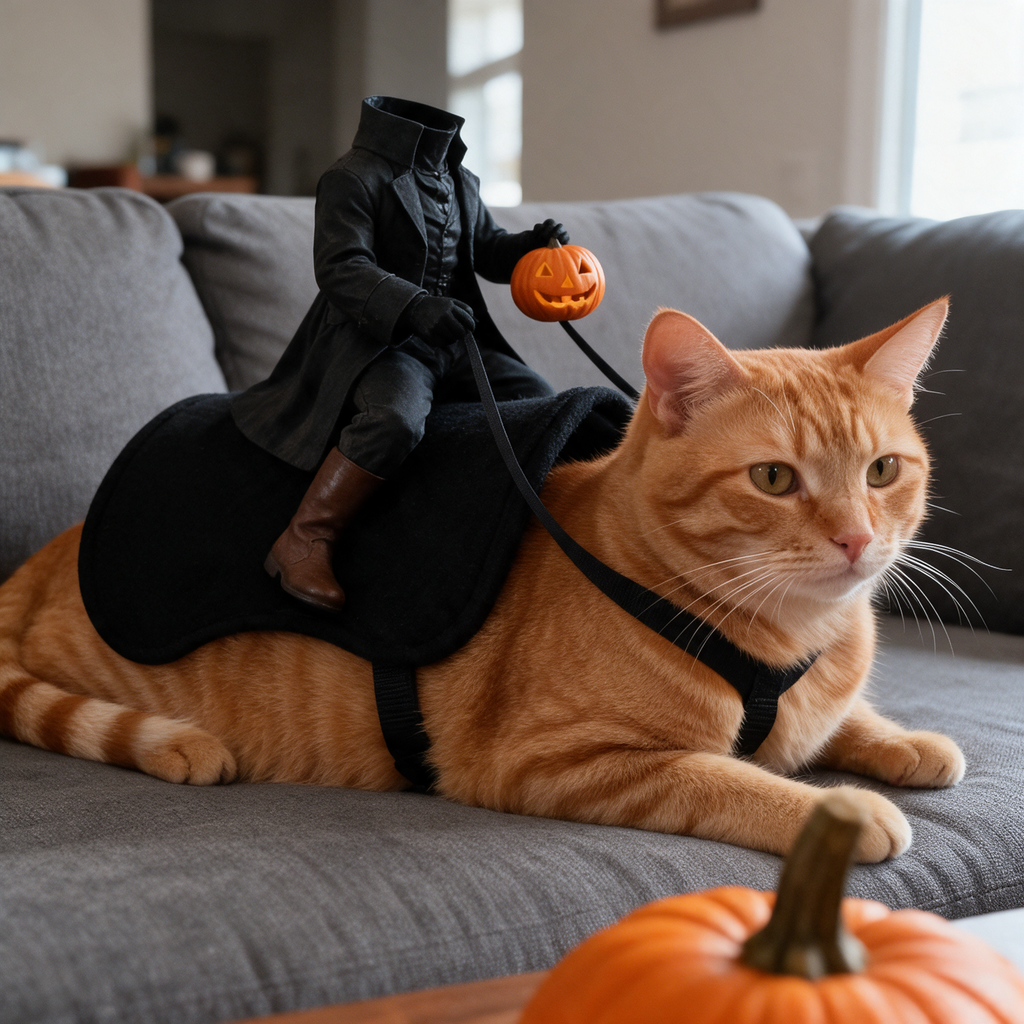 Orange tabby cat lying on a sofa wearing the Headless Horseman costume