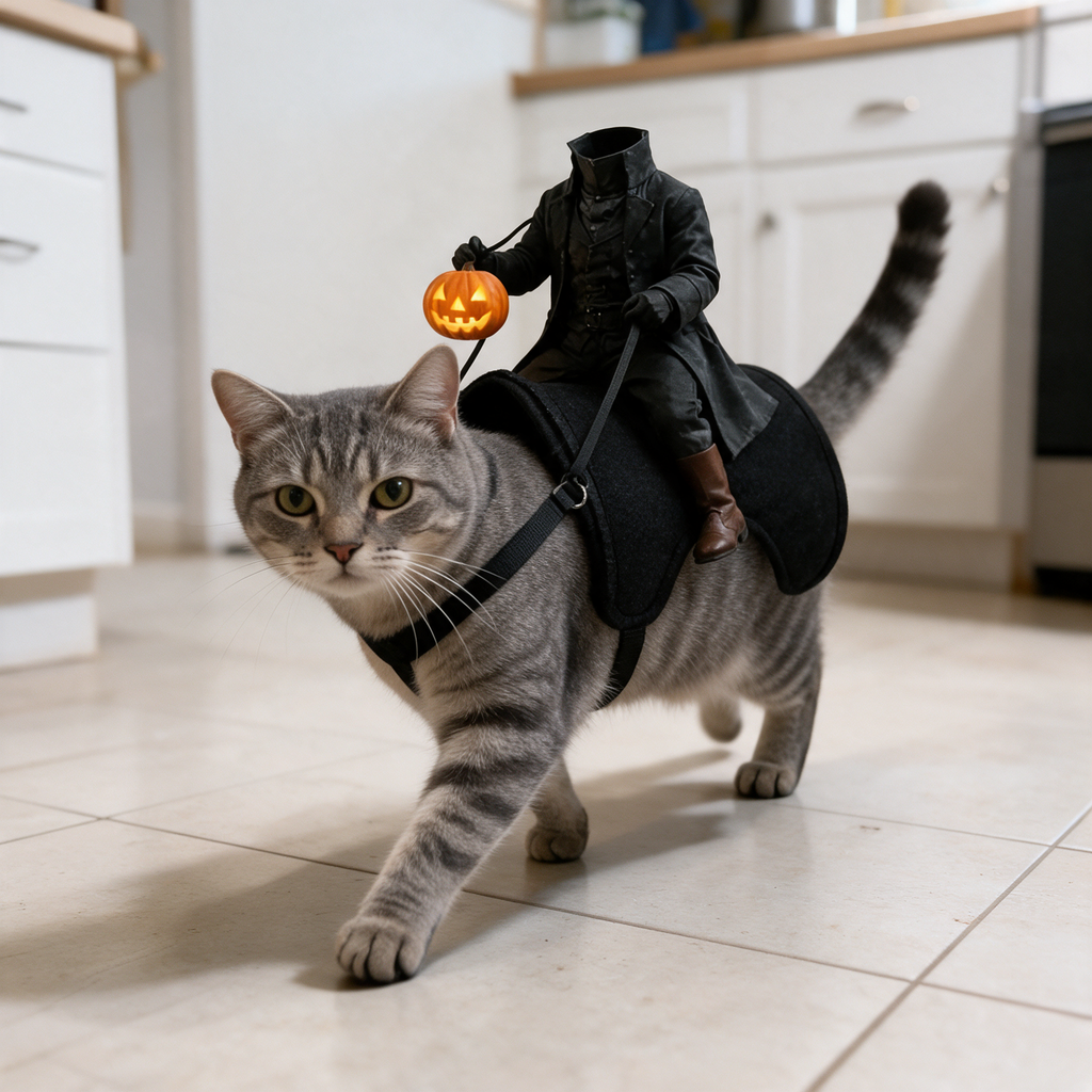 Grey tabby cat walking across a kitchen floor in the Headless Horseman costume