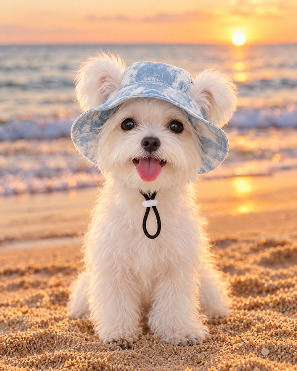 Blue: Maltese on the beach wearing the light blue tie-dye dog sun hat