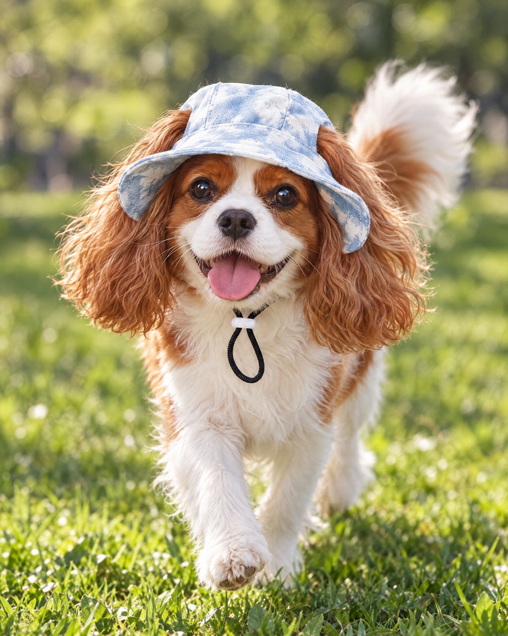 Blue: Cavalier King Charles running in the park in the light blue tie-dye dog sun hat