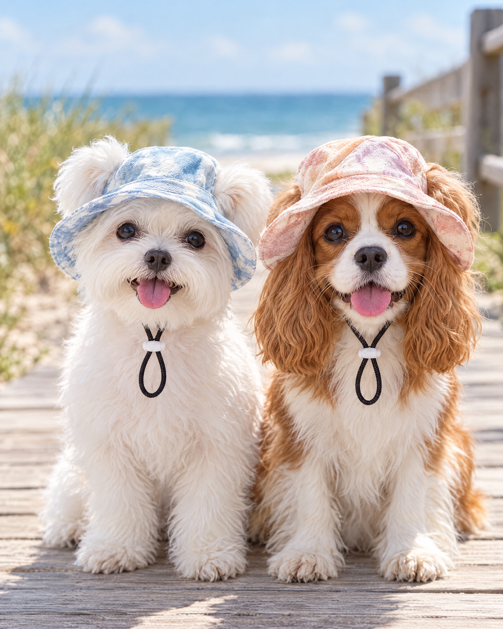 Maltese and Cavalier in matching tie-dye dog sun hats